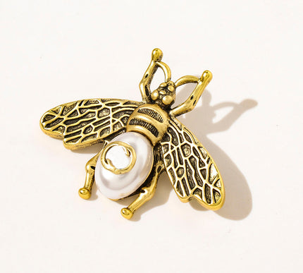 Van Hoef Gold Bee Brooch with Crystal Rhinestones and Pearl Accent