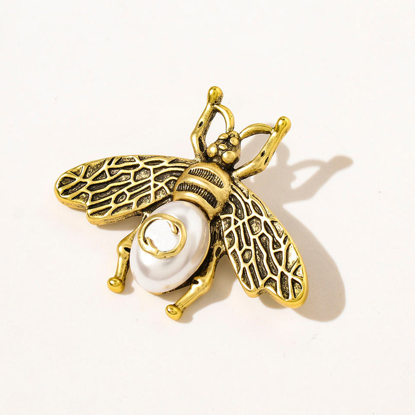 Van Hoef Gold Bee Brooch with Crystal Rhinestones and Pearl Accent