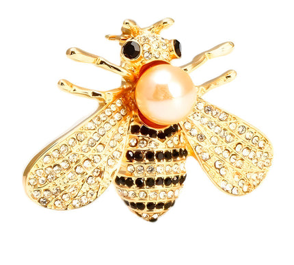 Van Hoef Gold Bee Brooch with Pearl Inlay and Rhinestones