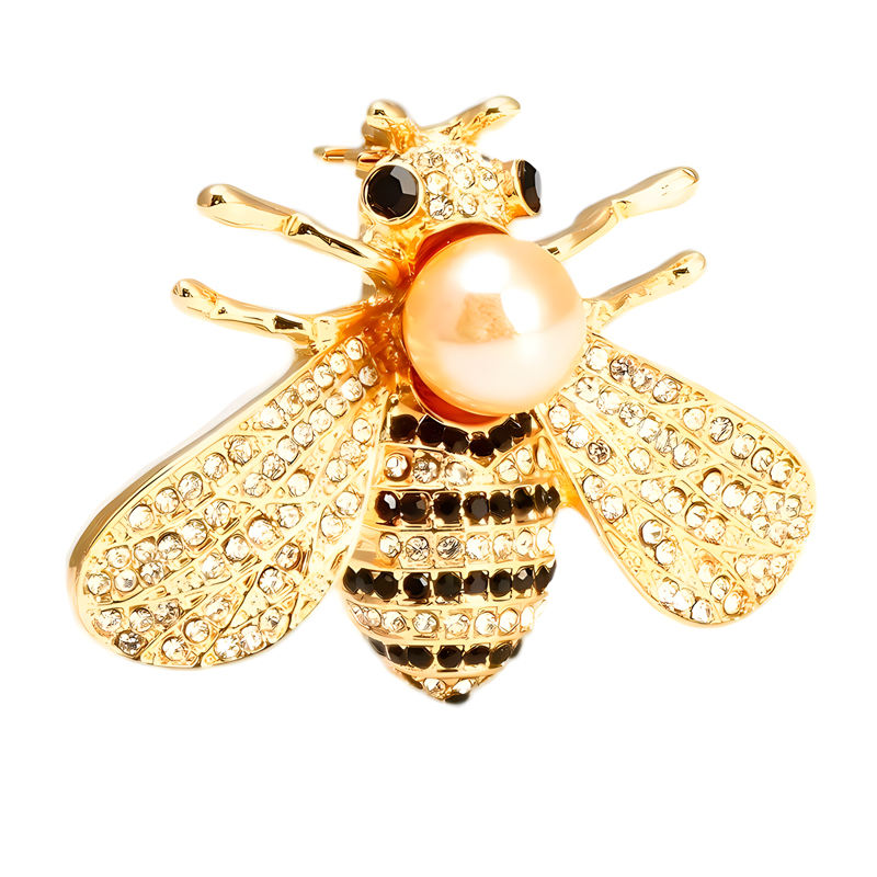 Van Hoef Gold Bee Brooch with Pearl Inlay and Rhinestones