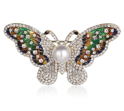 Van Hoef Gold Butterfly Brooch with Rhinestones and Pearlescent Gem
