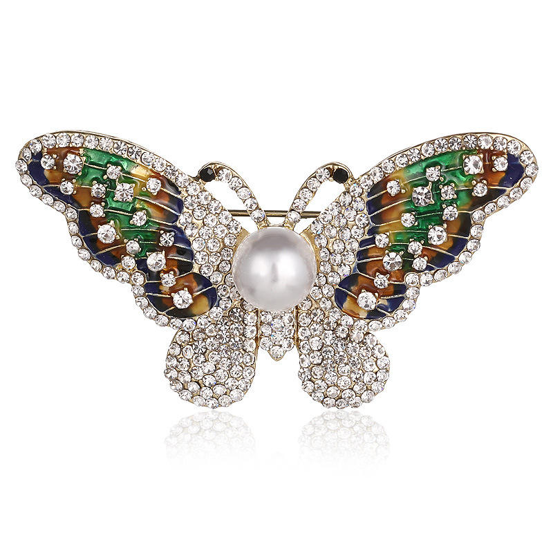 Van Hoef Gold Butterfly Brooch with Rhinestones and Pearlescent Gem
