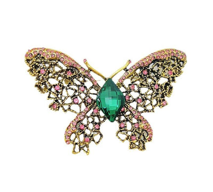 Van Hoef Gold Butterfly Brooch with Pink Strass Stones and Green Gem
