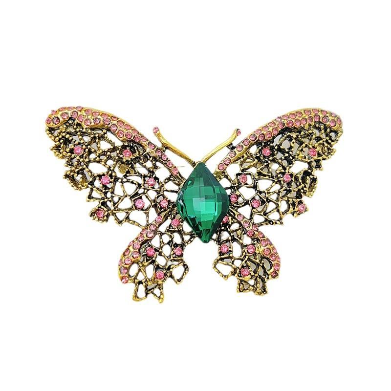 Van Hoef Gold Butterfly Brooch with Pink Strass Stones and Green Gem