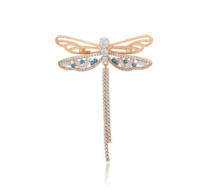 Van Hoef gold dragonfly brooch with blue diamond zircon and clear crystals