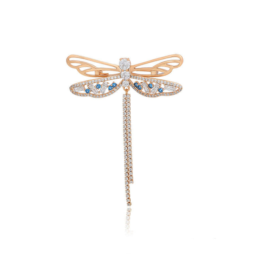 Van Hoef gold dragonfly brooch with blue diamond zircon and clear crystals