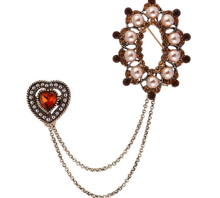 Van Hoef Gold Heart Brooch with Rhinestones and Pearl Detailing