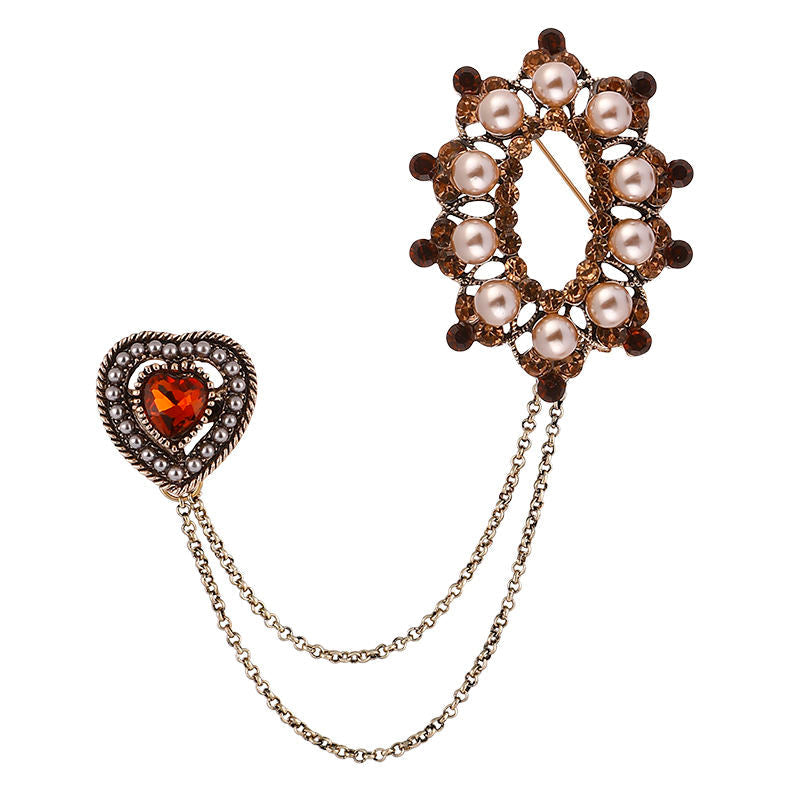 Van Hoef Gold Heart Brooch with Rhinestones and Pearl Detailing