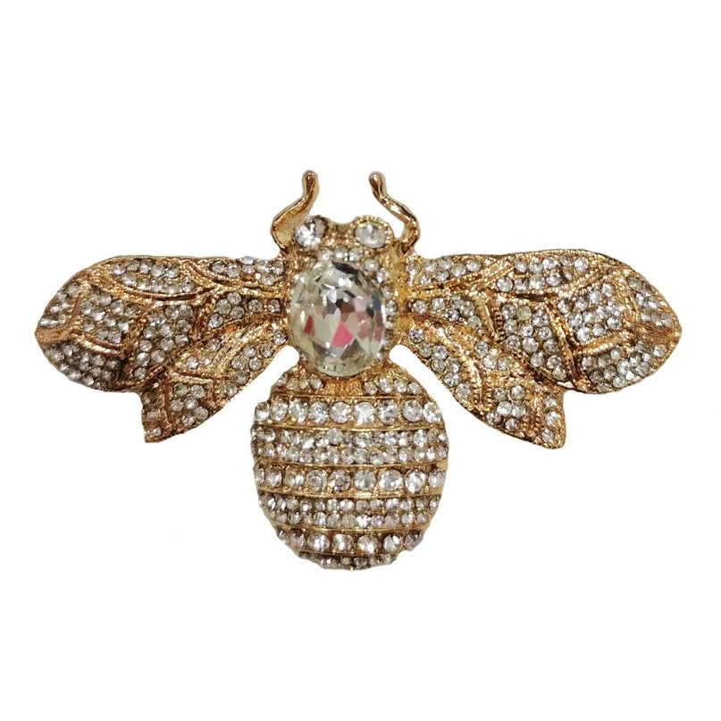Van Hoef Gold Hornet Bee Brooch with Clear Crystals