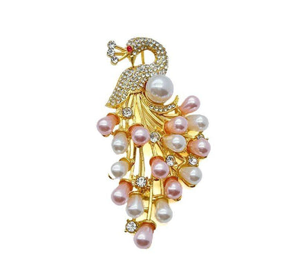 Van Hoef Gold Peacock Brooch Pin with Rhinestones and Pearls