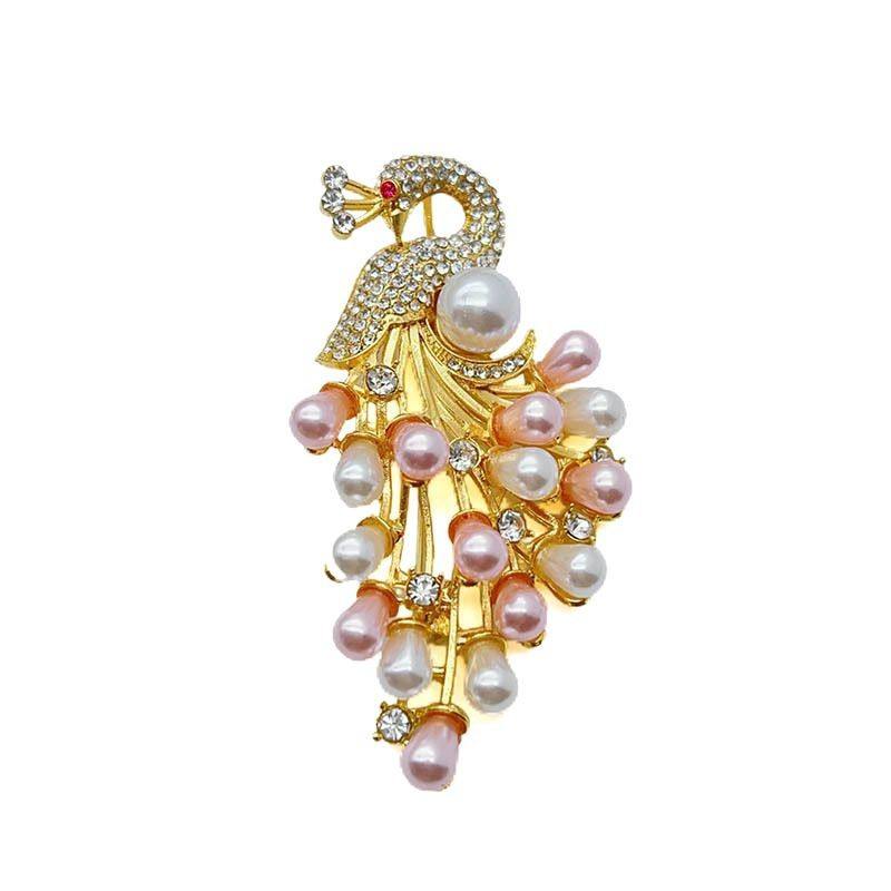 Van Hoef Gold Peacock Brooch Pin with Rhinestones and Pearls