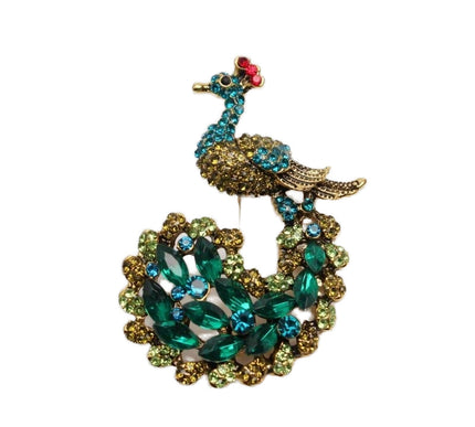 Van Hoef gold peacock brooch pin with rhinestones and crystals