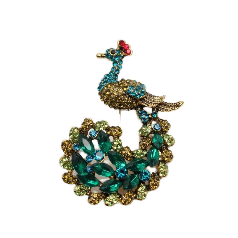 Van Hoef gold peacock brooch pin with rhinestones and crystals