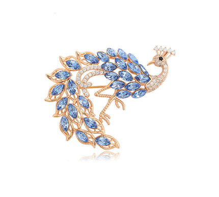 Van Hoef Gold Peacock Brooch with Blue Stones