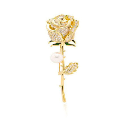 Van Hoef Gold Rose Crystal Pearl Brooch