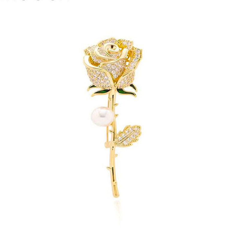 Van Hoef Gold Rose Crystal Pearl Brooch