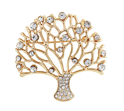 Van Hoef Gold Tree of Life Rhinestone Brooch