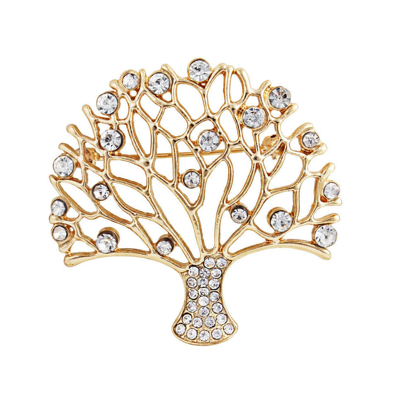 Van Hoef Gold Tree of Life Rhinestone Brooch