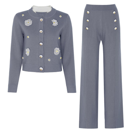 Van Hoef Gray Floral Embroidered Knit Set