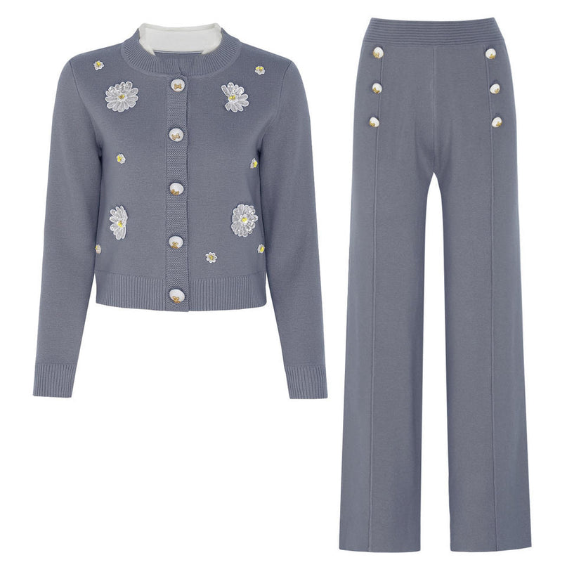 Van Hoef Gray Floral Embroidered Knit Set