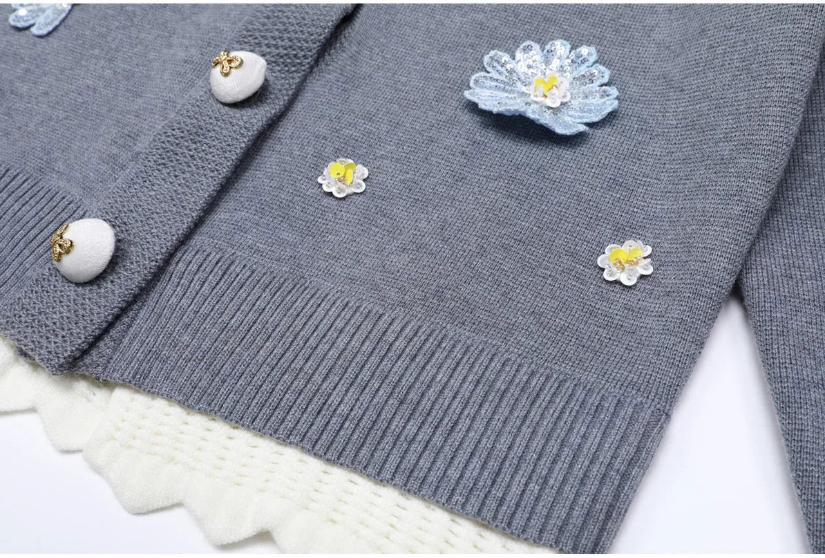 Van Hoef Gray Floral Embroidered Knit Set