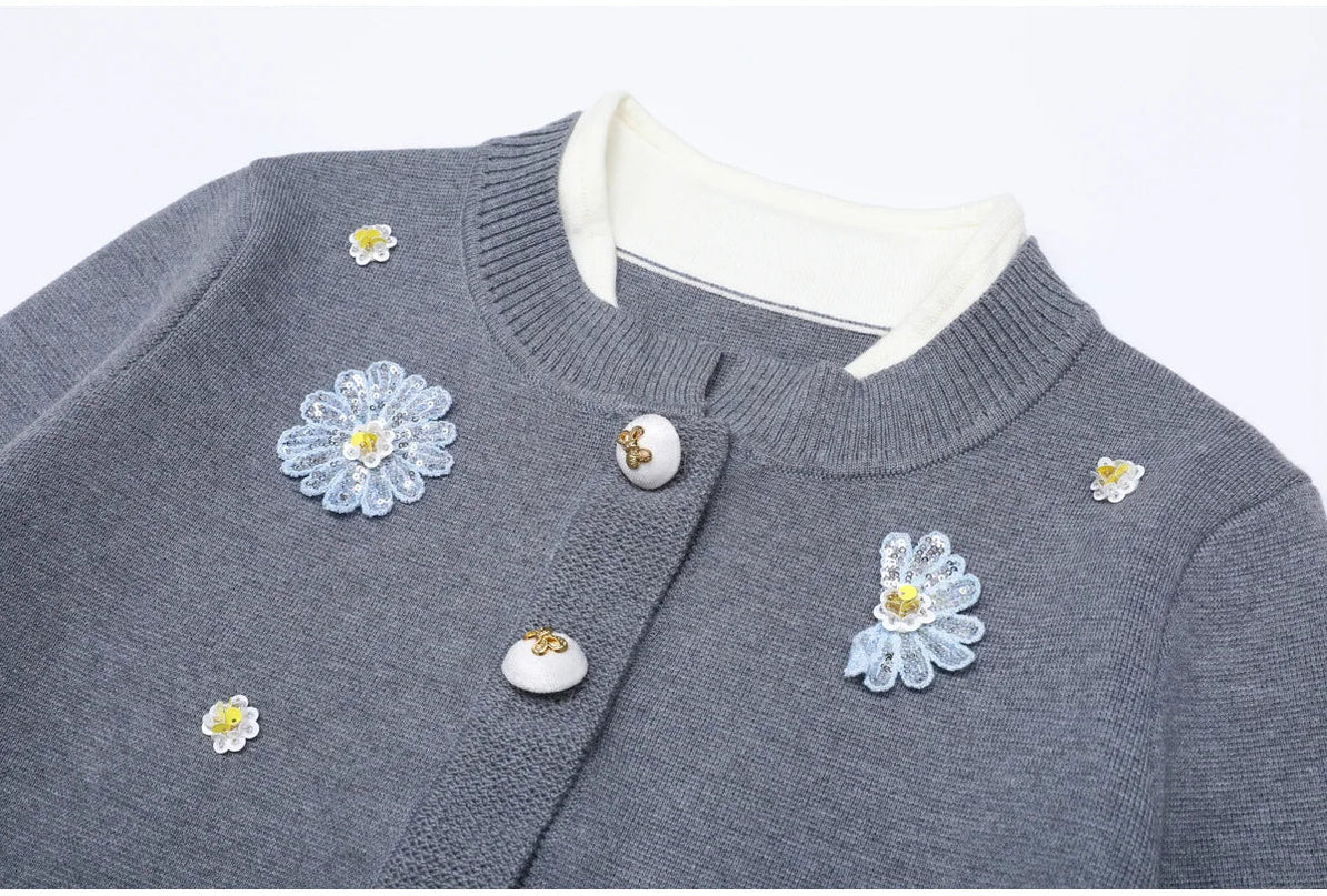 Van Hoef Gray Floral Embroidered Knit Two-Piece Set