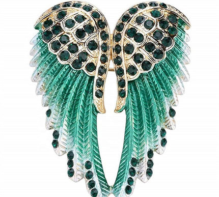 Van Hoef Green Angel Wing Crystal Enamel Brooch