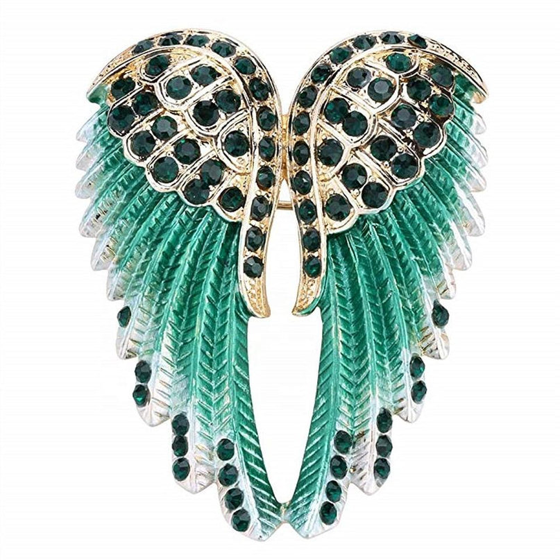 Van Hoef Green Angel Wing Crystal Enamel Brooch