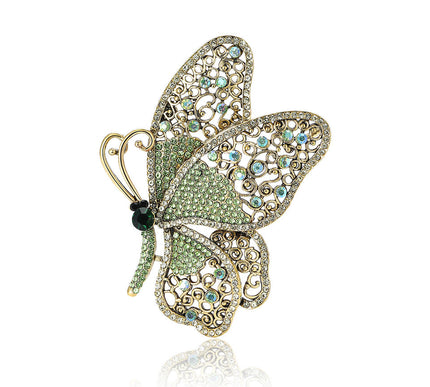 Van Hoef Green Butterfly Brooch Vintage Filigree Rhinestone Jewelry