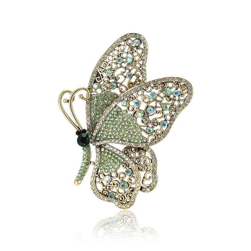 Van Hoef Green Butterfly Brooch Vintage Filigree Rhinestone Jewelry