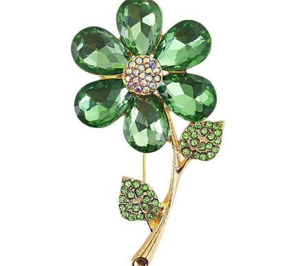 Van Hoef Green Crystal Rhinestone Floral Brooch