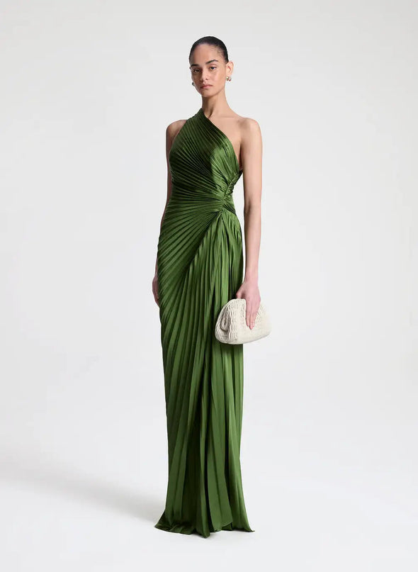 Van Hoef Green Asymmetrical Neckline Pleated Detailing Long Dress Fit Feel Formal Occasion Elegant Evening Wear Dance Wedding Gala Event Versatile Accessories Confidence Style Wardrobe