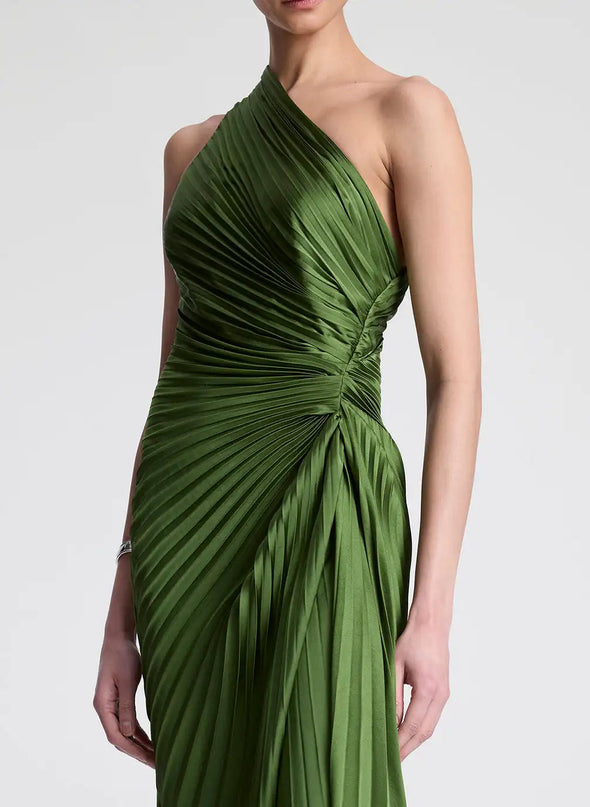 Van Hoef Green Asymmetrical Neckline Pleated Detailing Fit Feel Dress