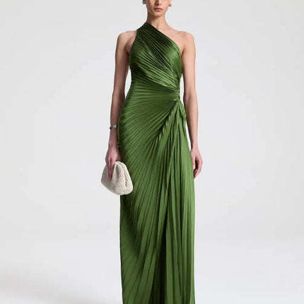 Van Hoef Green Asymmetrical Neckline Pleated Detailing Fit Feel Long Dress