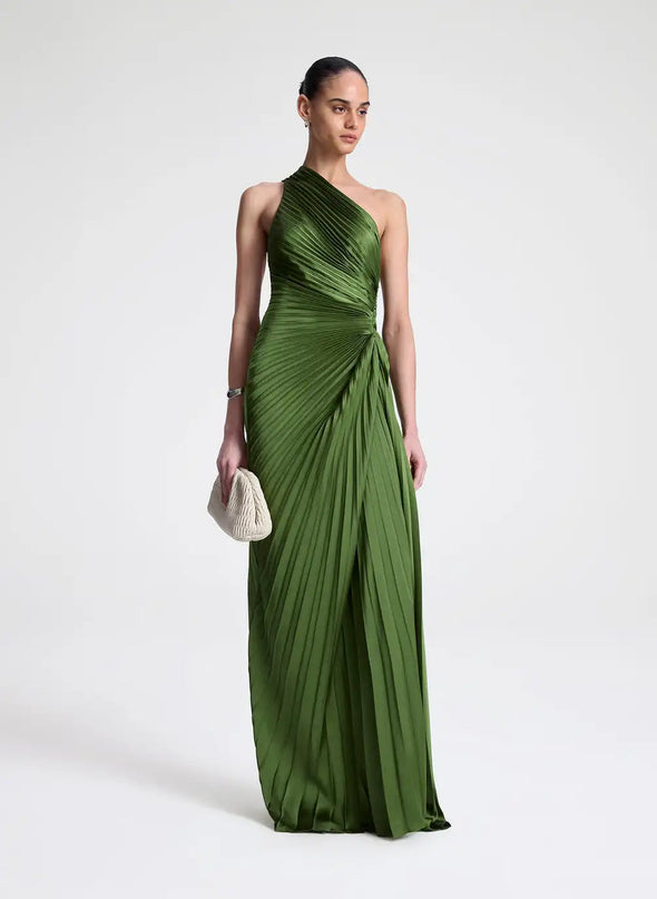 Van Hoef Green Asymmetrical Neckline Pleated Detailing Fit Feel Long Dress