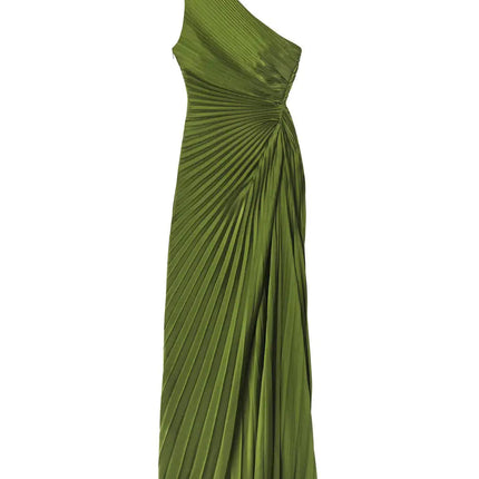 Van Hoef Green Asymmetrical Neckline Pleated Detailing Fit Feel Long Dress