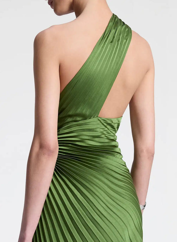 Van Hoef Green Asymmetrical Neckline Pleated Detailing Fit Feel Long Dress