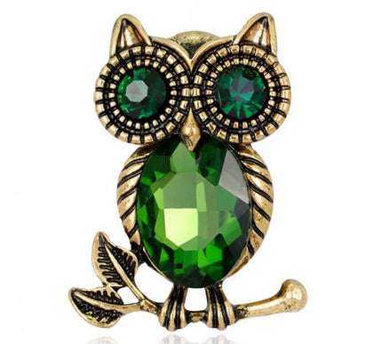 Van Hoef green owl brooch with emerald rhinestones