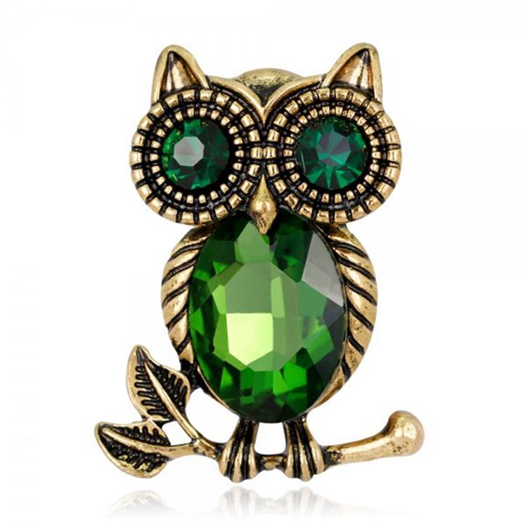 Van Hoef green owl brooch with emerald rhinestones