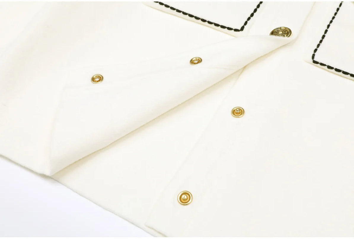 Van Hoef ivory white knit cardigan with black stitching and gold buttons