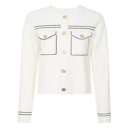 Van Hoef Ivory White Knit Cardigan with Black Stitching and Gold Buttons