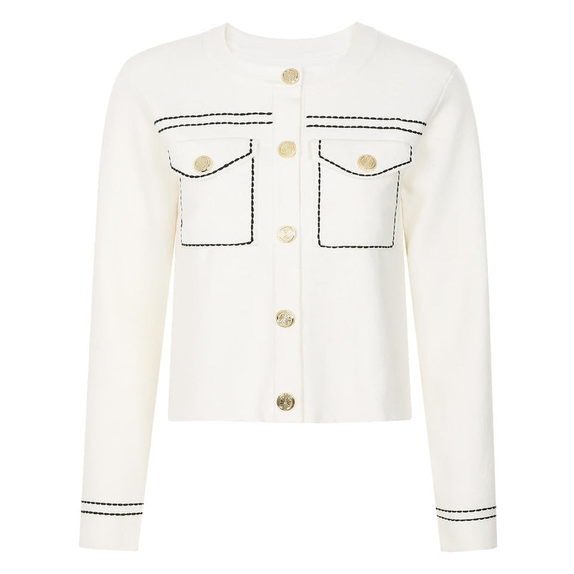 Van Hoef Ivory White Knit Cardigan with Black Stitching and Gold Buttons