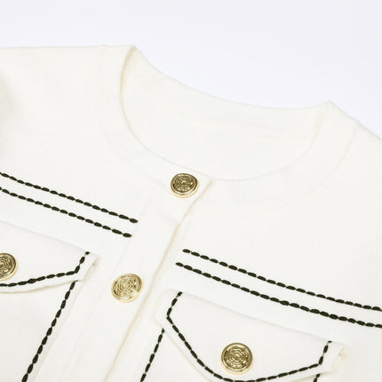 Van Hoef Ivory White Knit Cardigan with Black Stitching and Gold Buttons
