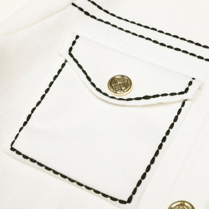 Van Hoef Ivory White Knit Cardigan with Black Stitching and Gold Buttons