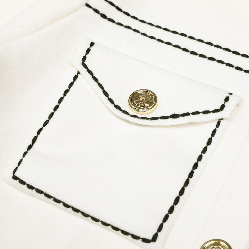 Van Hoef Ivory White Knit Cardigan with Black Stitching and Gold Buttons
