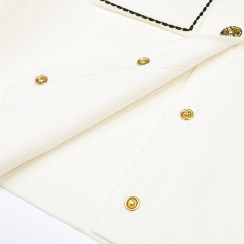 Van Hoef Ivory White Knit Cardigan with Black Stitching and Gold Buttons