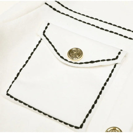 Van Hoef Ivory White Knit Cardigan with Black Stitching and Gold Buttons