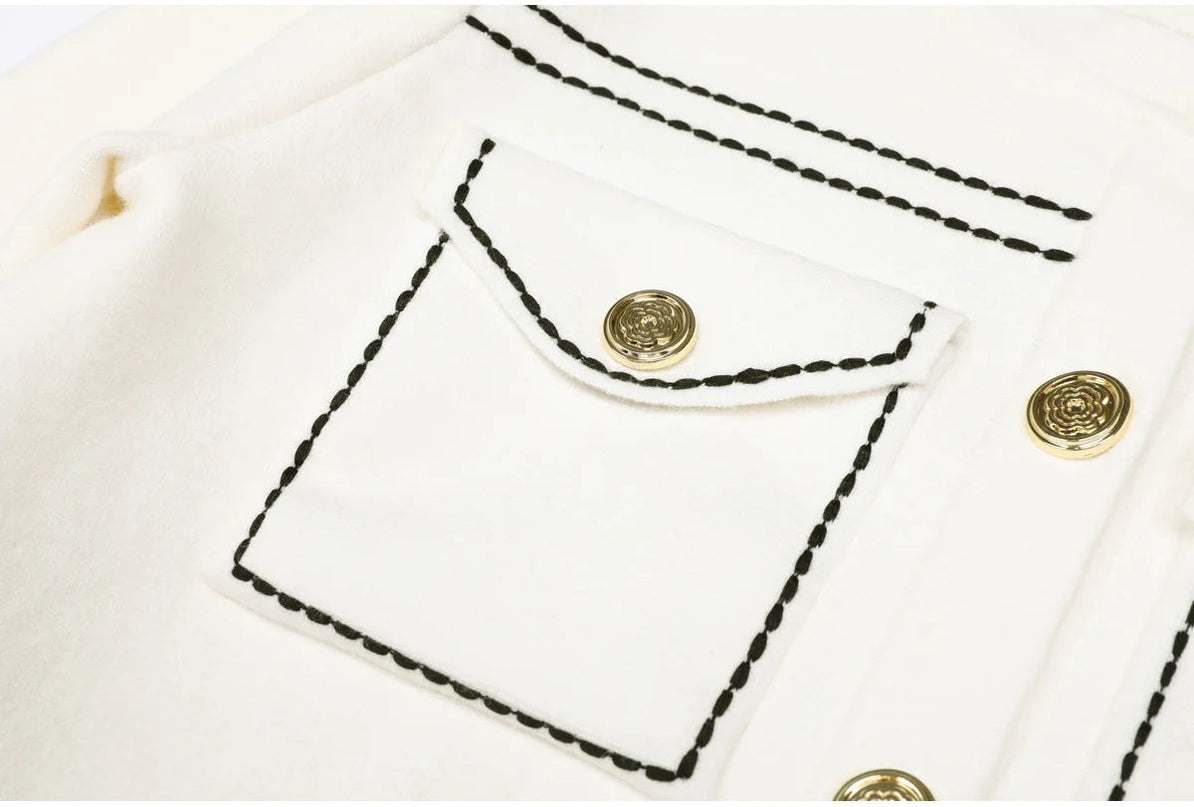 Van Hoef Ivory White Knit Cardigan with Black Stitching and Gold Buttons