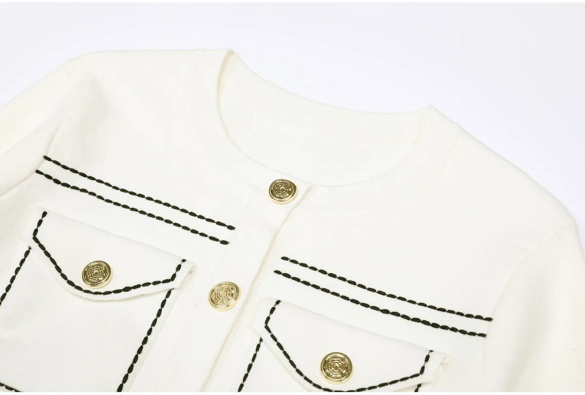 Van Hoef Ivory White Knit Cardigan with Black Stitching and Gold Buttons