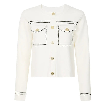 Van Hoef Ivory White Knit Cardigan with Black Stitching and Gold Buttons